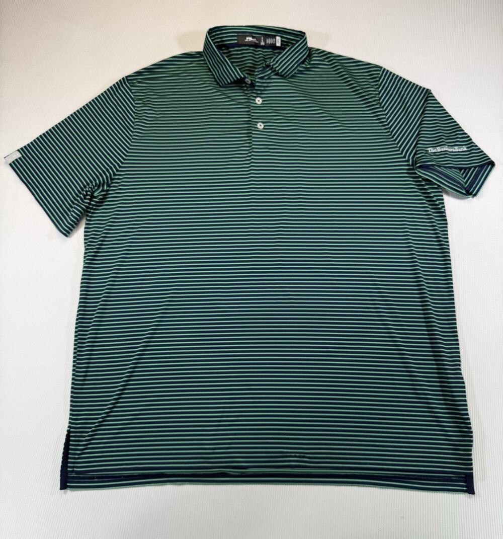 RLX Ralph Lauren Golf Polo Shirt XL Navy Green Stripe The Bankers Bank Stretch